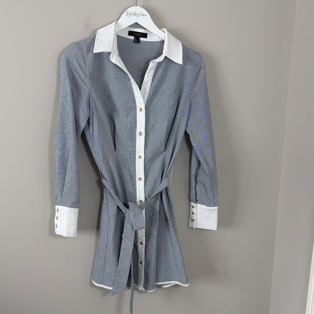 Club L BEATRIZ Grey Linen Pinstripe Mini Shirt Dress Long Sleeves Belted Sz 2 - Picture 5 of 15